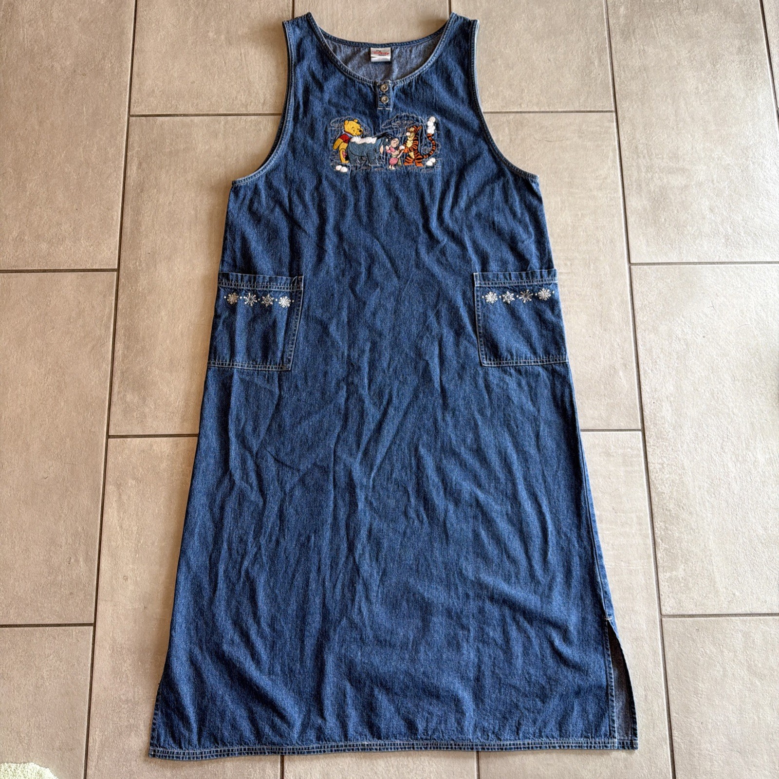 VTG Disney Store Winnie the Pooh Embroidered Denim Dress 100% Cotton Womens L