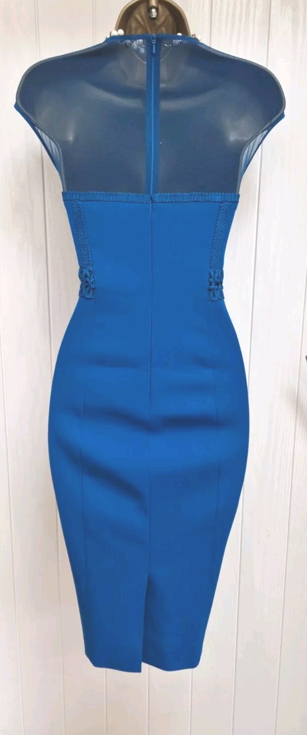 Karen Millen Peacock Blue Sheer Tapework Pencil Wiggle Occasion Dress UK 12