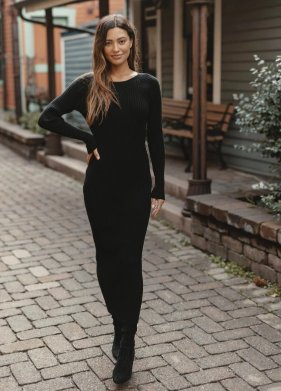 $150 The Normal Brand Rib Dress 100 Cotton Ava Black Maxi LongSleeve Bodycon XL