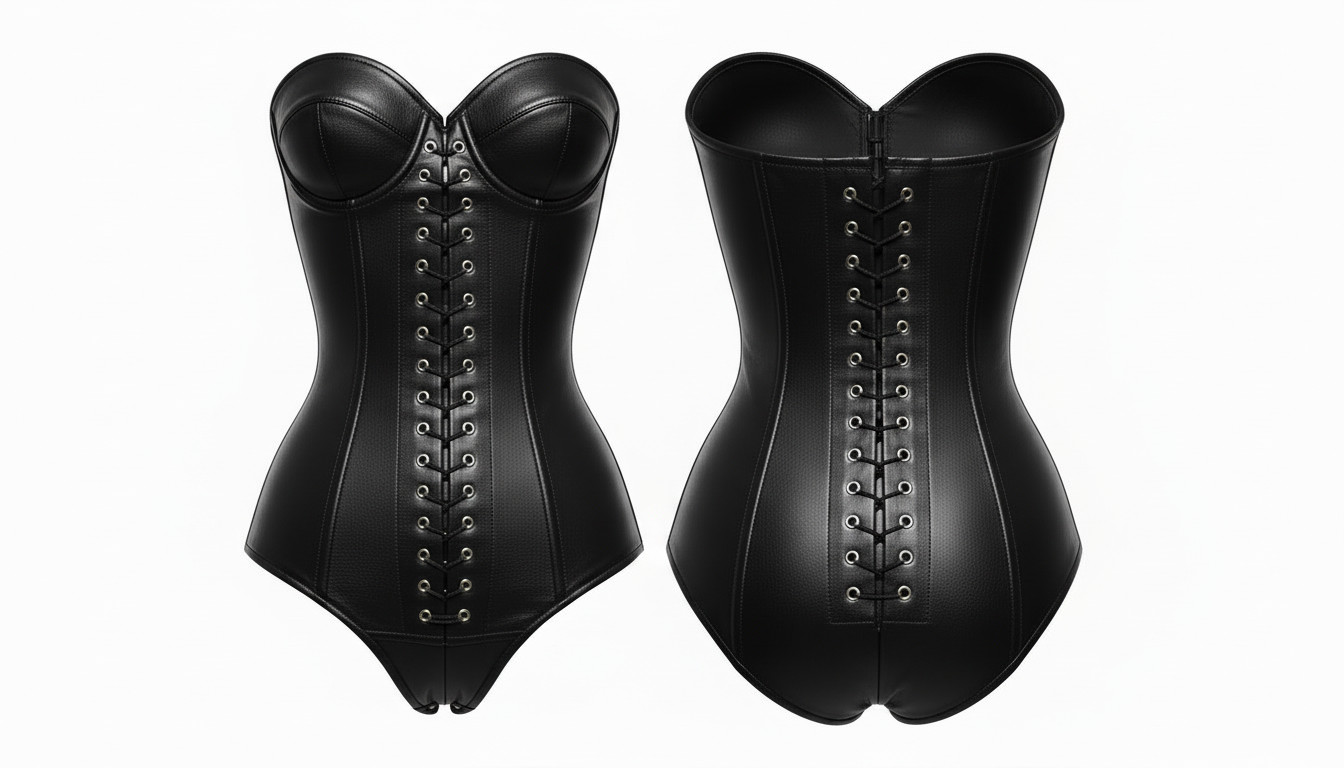 Women’s Black Real Leather Corset Bodysuit Strapless Lace Up Bustier Gothic Top.