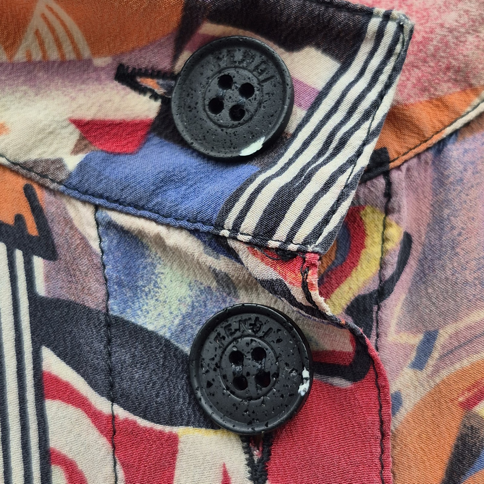 Silk Dress Abstract Face Print Button Front Colorful Graphic Fendi Logo Buttons