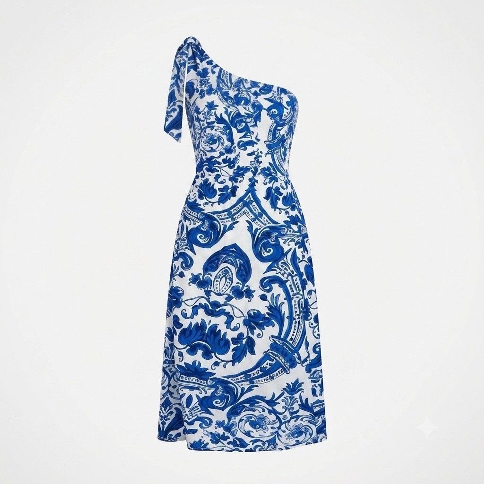 Womens Blue White Majolica Tile Print Dress Medium Smocked Baroque Mediterranean