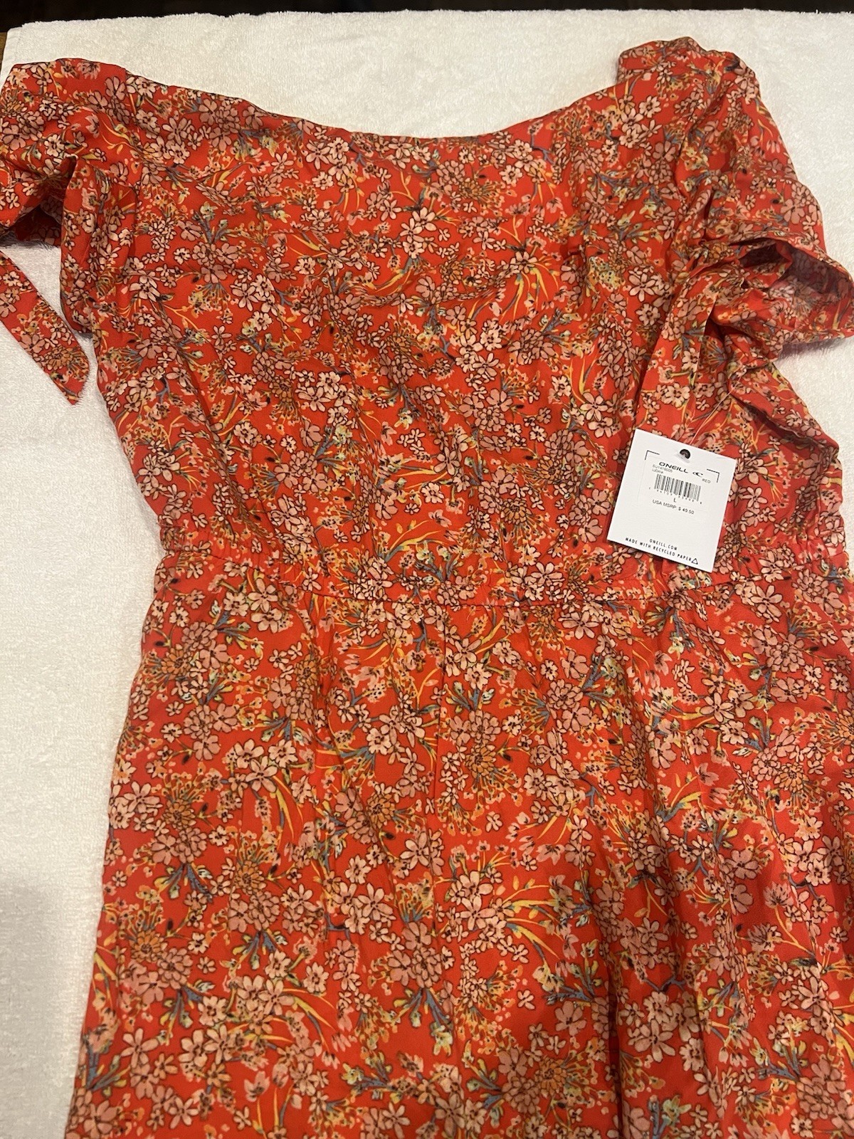 O’Neil luciana orange floral print crew open back elastic waist mini dress NWT L