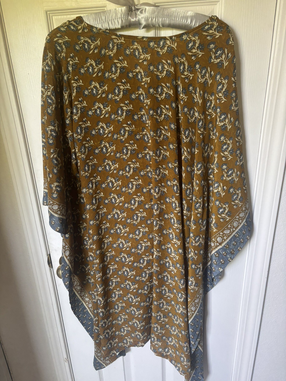 Kaftan Dress Tunic Top Coverup Boho Silky V Neck Floral Brown Gray Size M/L
