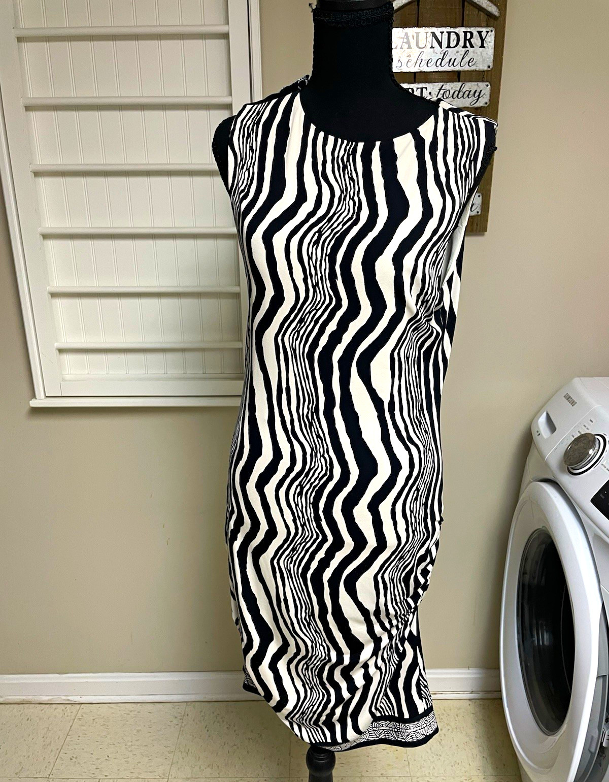 Ali Ro Black White Zebra Ruched Stretch Sheath Dress Sleeveless Knee 13