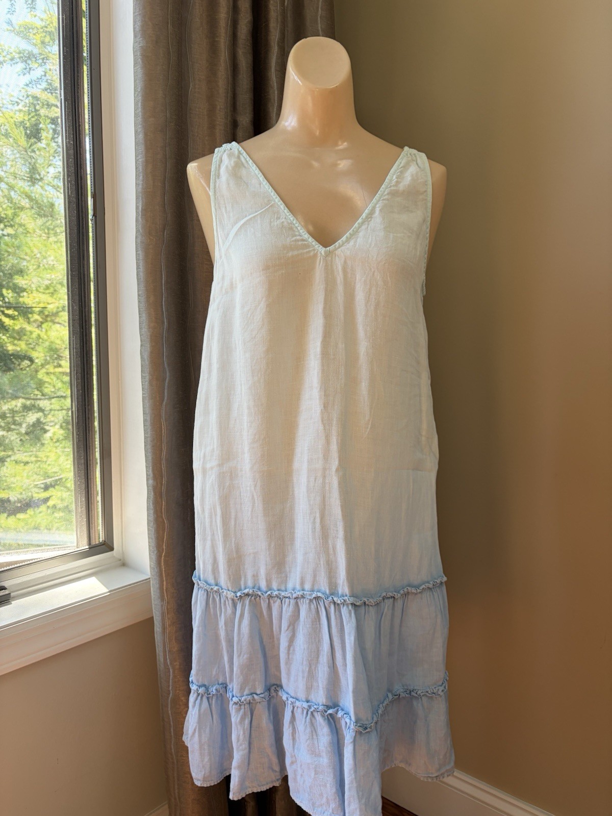Vineyard Vines Sea Green Linen Lined Mid Length V Neck Shift Dress Size XS