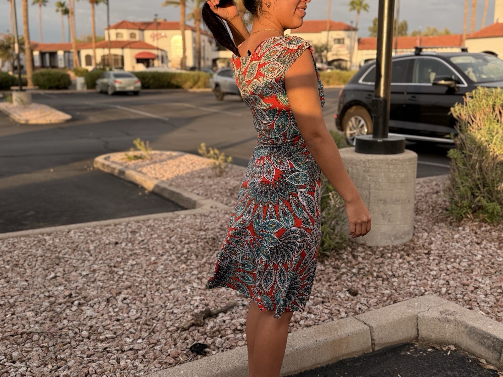 En Focus Studio Sheath Dress Paisley Ruched Stretch Red Blue White Size 8