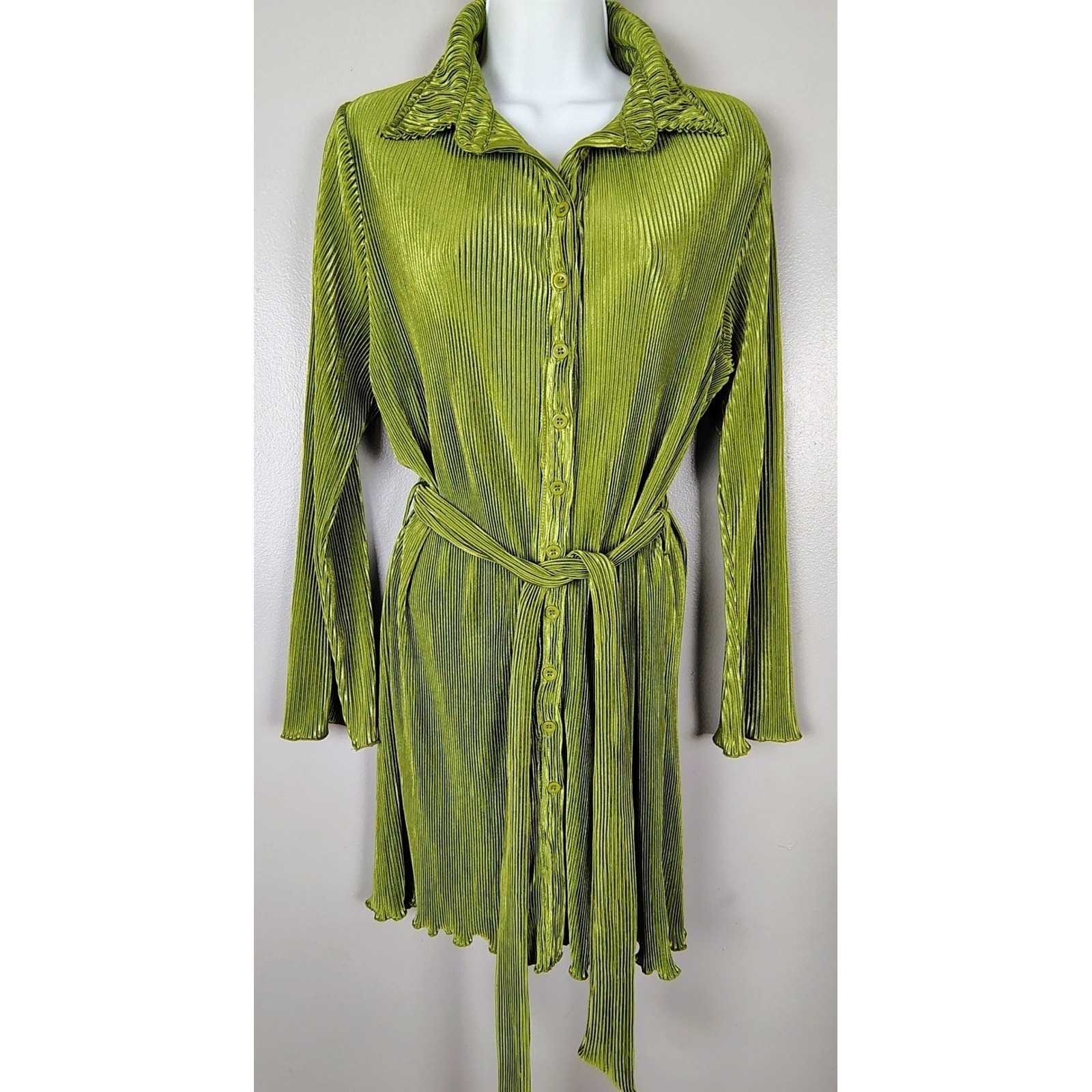 Womens S Lyaner Plisse Button Down Mini Dress Green Pleated Retro Y2K Party