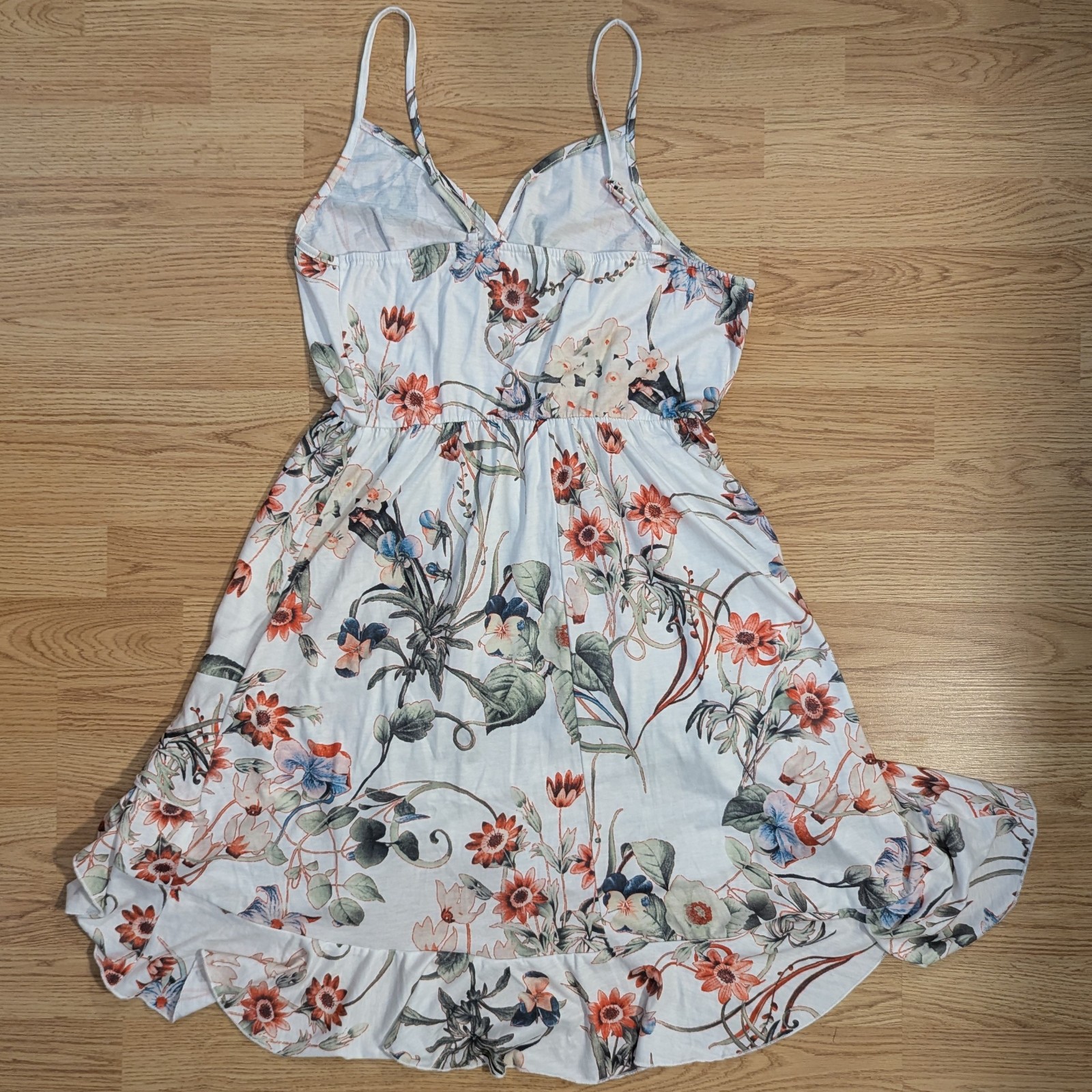 Boho Floral Ruffle Hem Sundress White Orange Blue V-Neck Cami Straps Large L