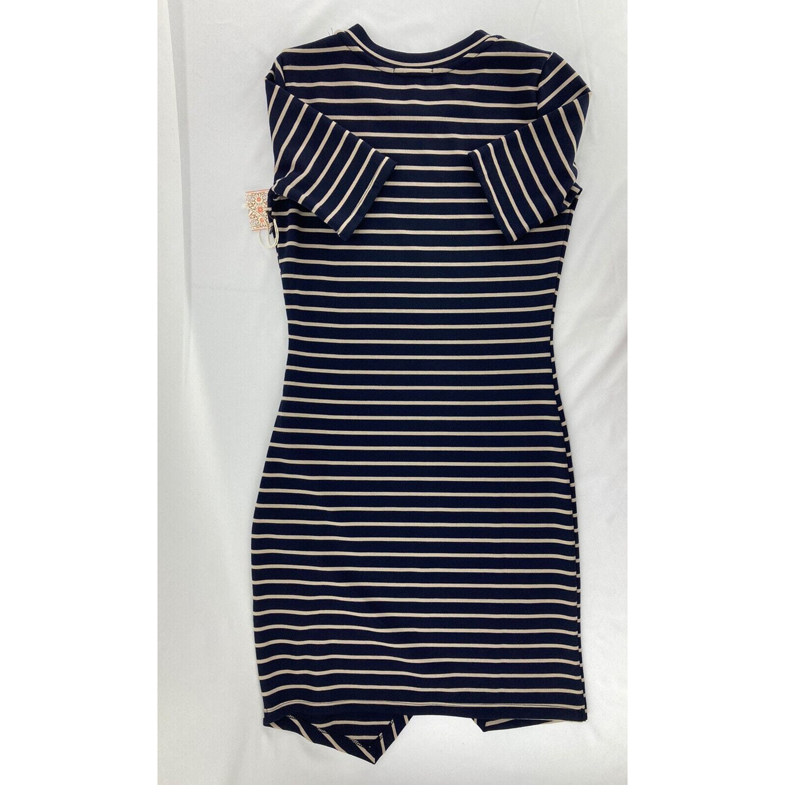 Iris Basic Womens Dress Medium Blue Tan Stripes Bodycon Asymmetrical Slit NWT