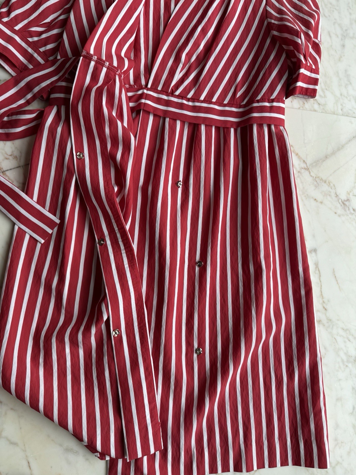 Sandro Paris Red White Striped Wrap Midi Dress Short Sleeve Belted Sz 40 US 8 M