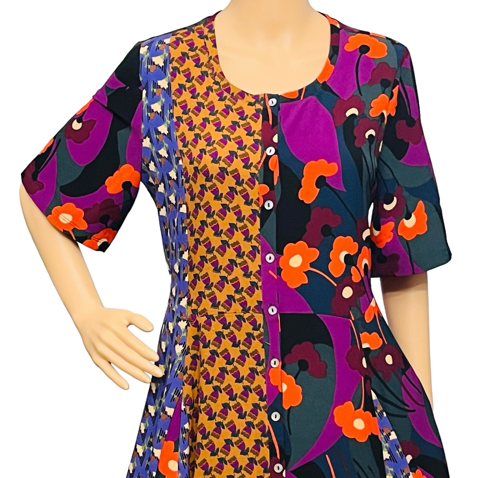 LOGO By Lori Goldstein Boho Dress Button Up Pockets Flare Patchwork Mix Print XS