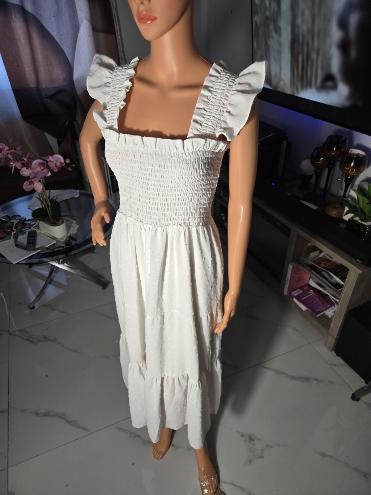 Londontime S White Solid Square Neck Smocked Ruffle Strap Midi A-Line Dress