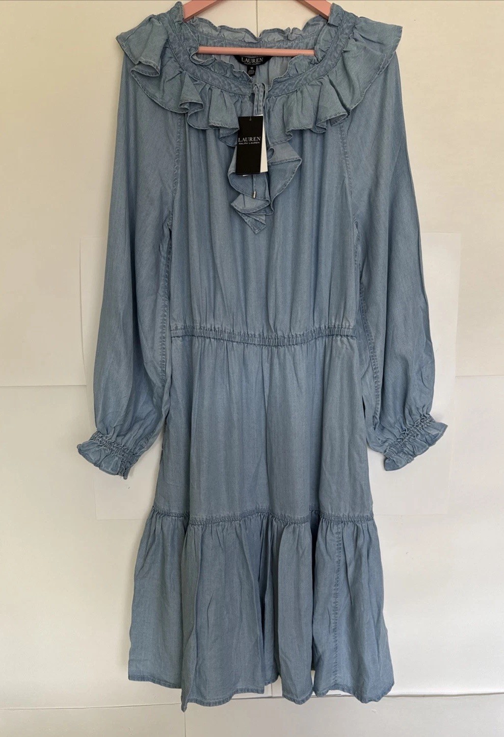 Lauren Ralph Lauren Chambray Dress Ruffle Neckline Tiered Skirt Size10 NWT