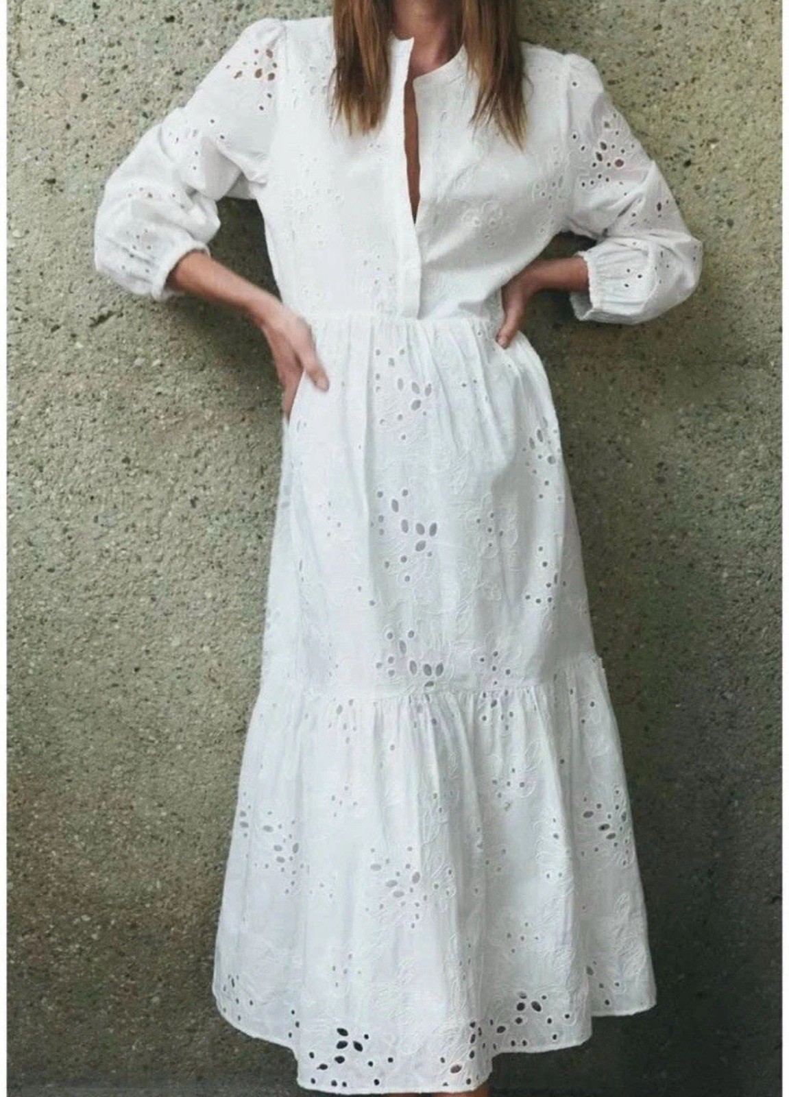 ZARA WHITE COLLARED CUTWORK EMBROIDERY MIDI DRESS WITH LINING SIZE XS BNWT