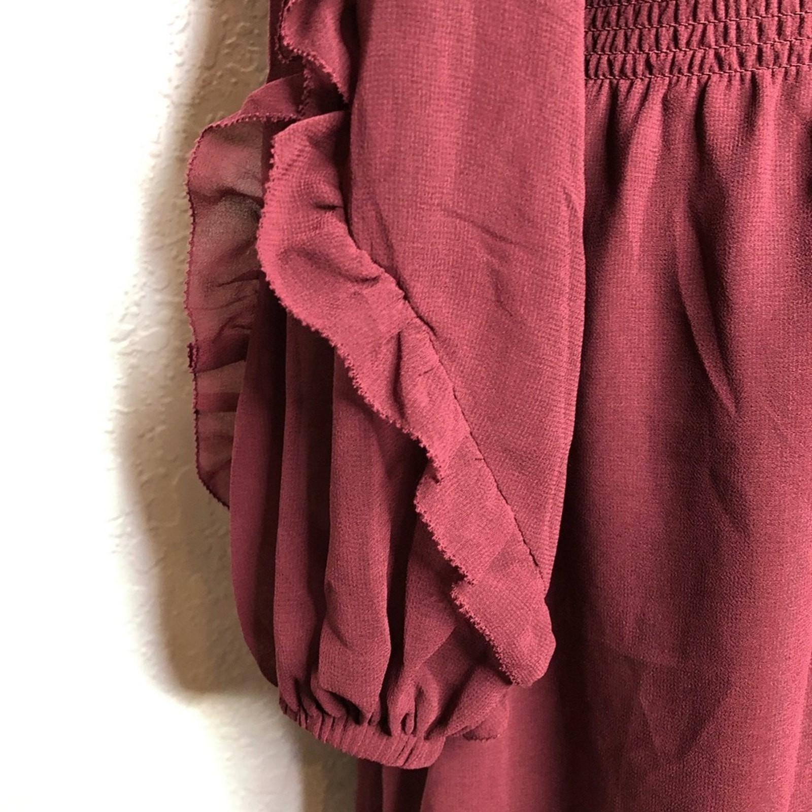 WHBM maroon wine sheer overlay ruffle trim blouson dress size Small NWT