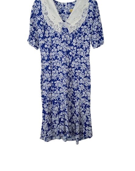 Vintage Jane Singer Womens A Line Dress Blue Floral Dolie Collar Cottagecore 8