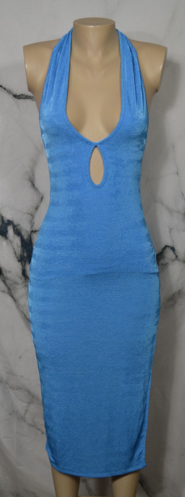 EMVIE’S FASHIONS Stretchy Blue Halter Dress XS Keyhole at Bust Side Slit Lined