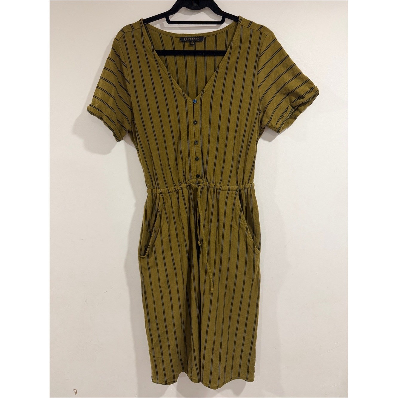 DownEast Women’s Olive Green Striped Button-Front Midi Dress Medium