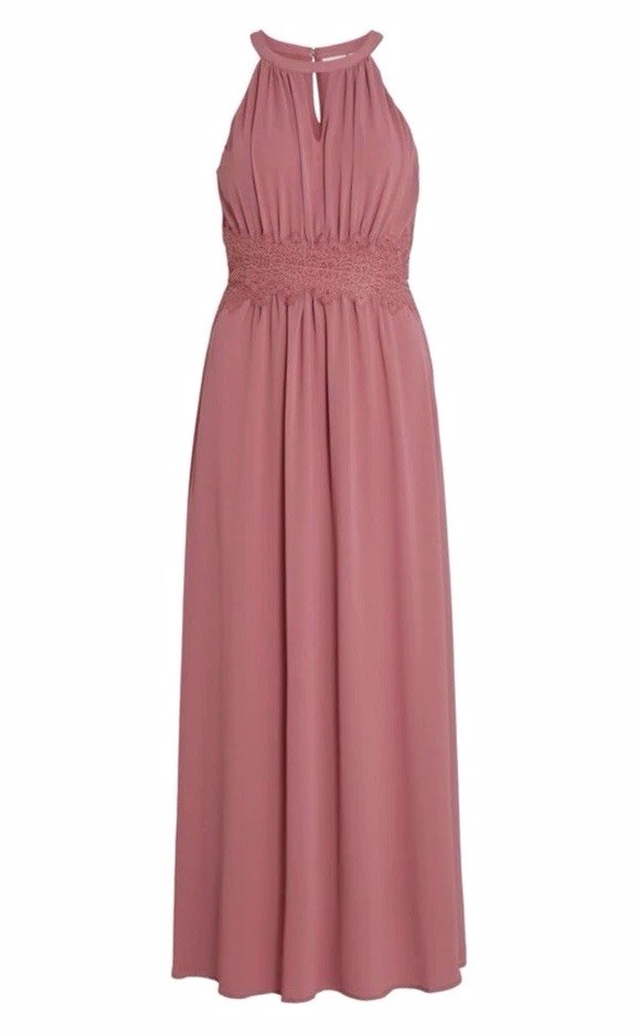 VILA Pink Halter Neck Chiffon Maxi Dress Lace Waist Zip Closure EU 40