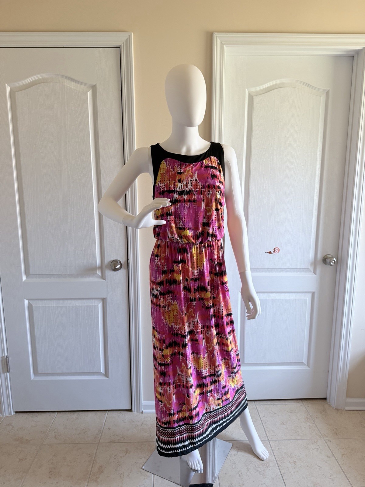 NWT $68 Pink Multi-Color Printed Maxi Summer Dress with Black Trim Size PS