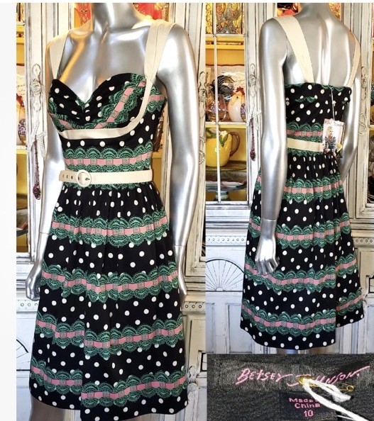 Vintage Betsey Johnson Milkmaid Dress Y2K Black Polka Dot Pink Floral 8 10 M