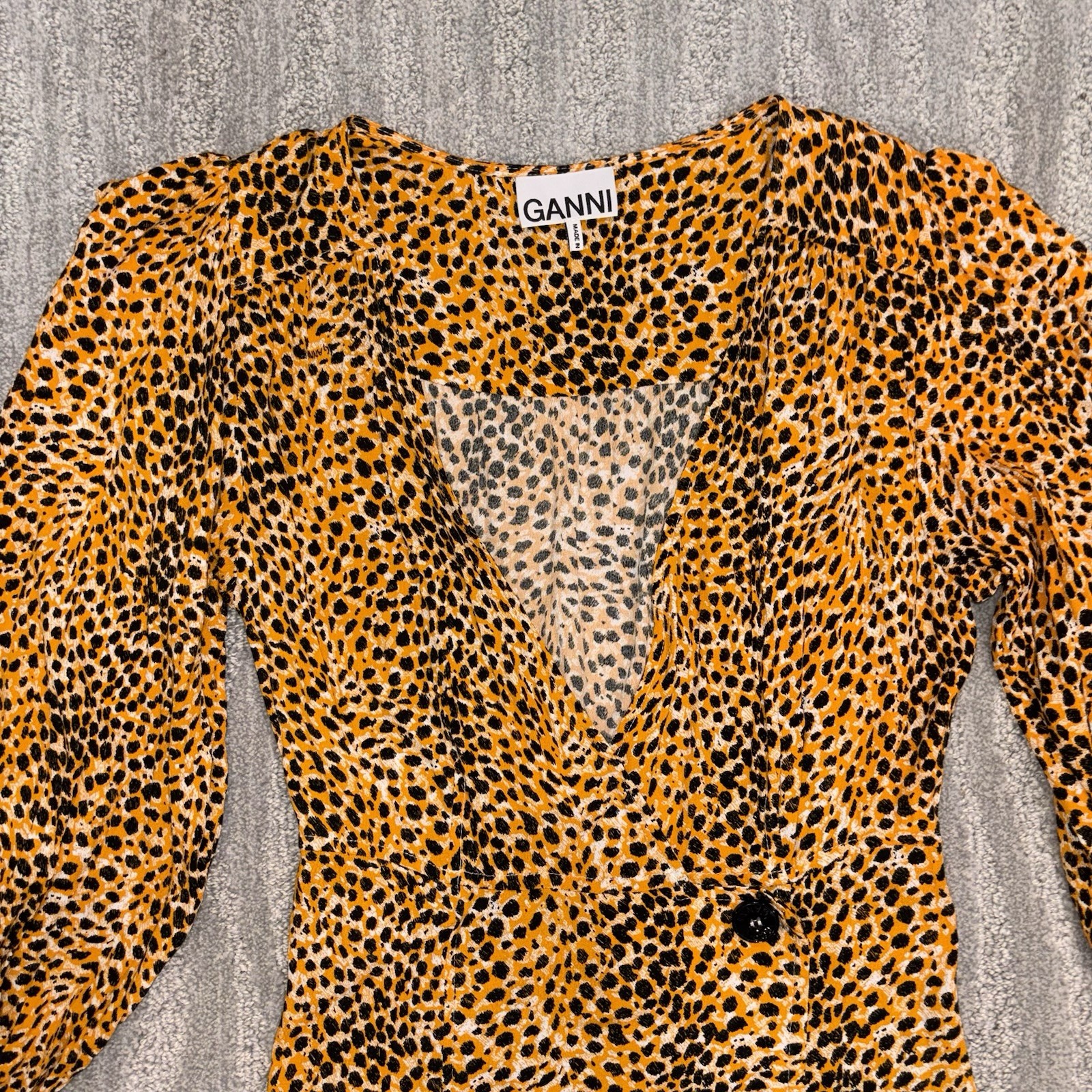 Ganni Leopard Print Midi Dress Button Logo Black Orange Designer Women’s Sz 36