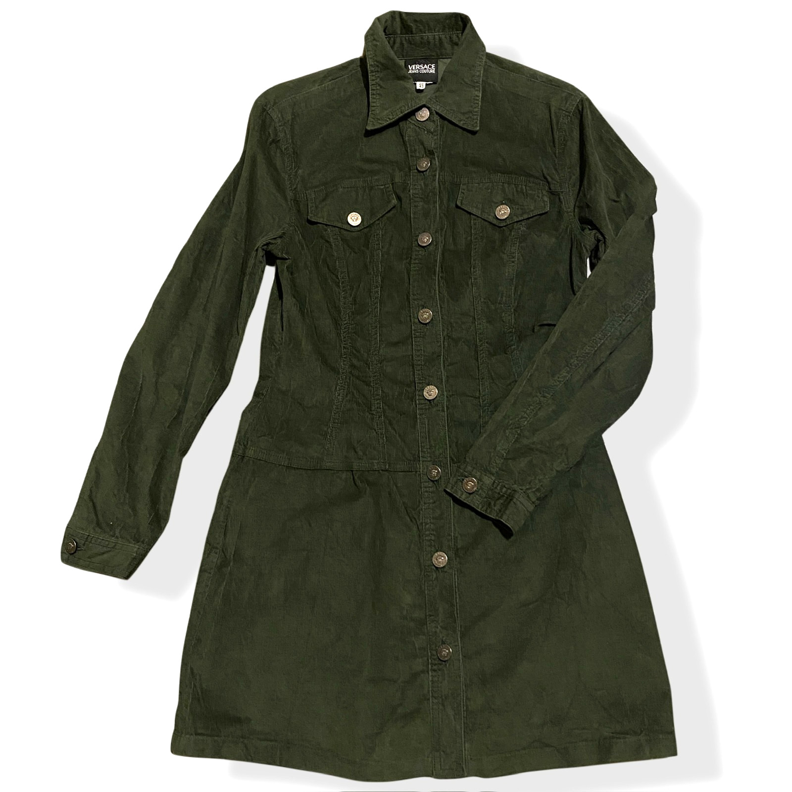 VTG Versace Jeans Couture Corduroy Jacket Dress Itierre Olive Green Medusa 42