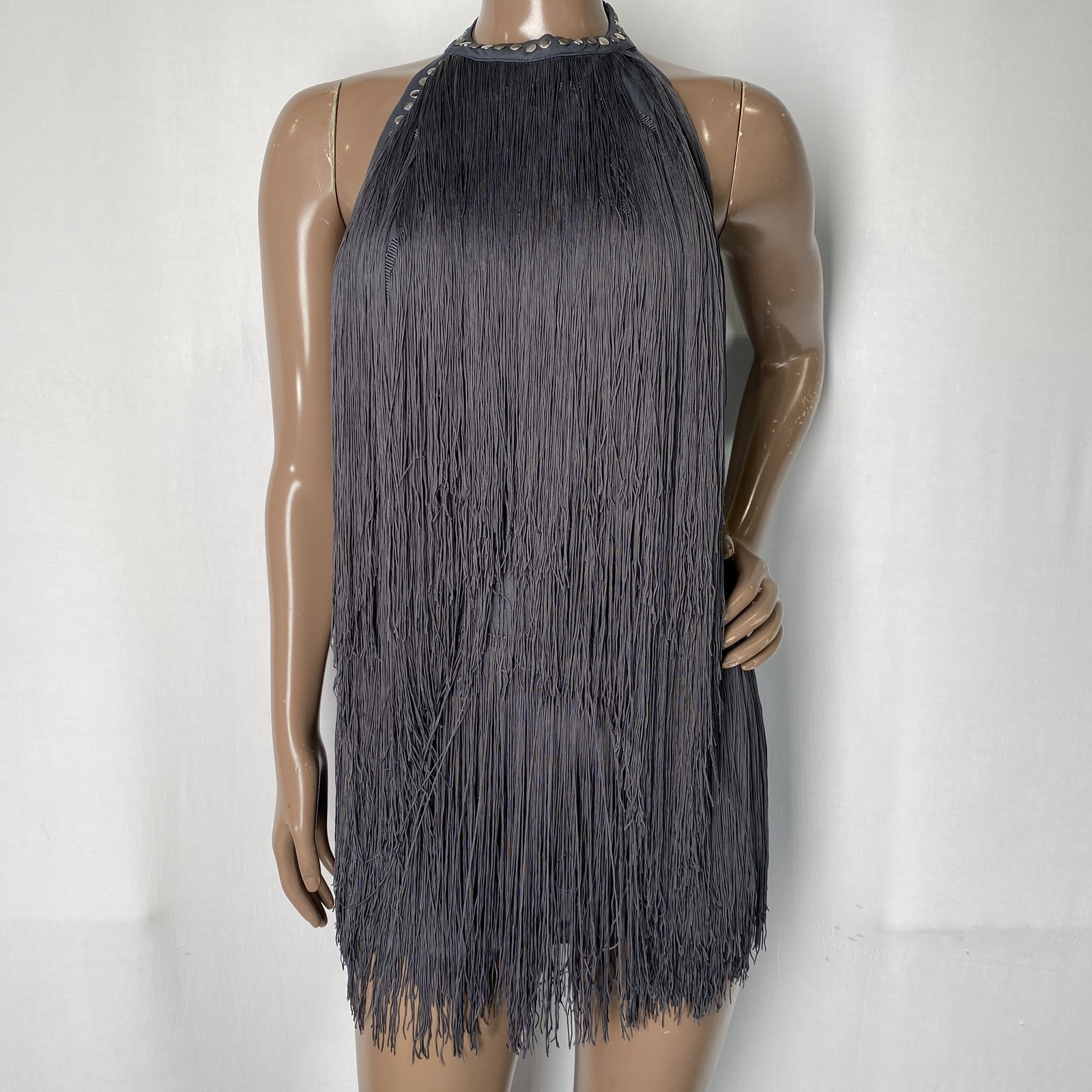 Jaded London Womens Mini Dress Charcoal Gray Size 4 Vadra Backless Fringe