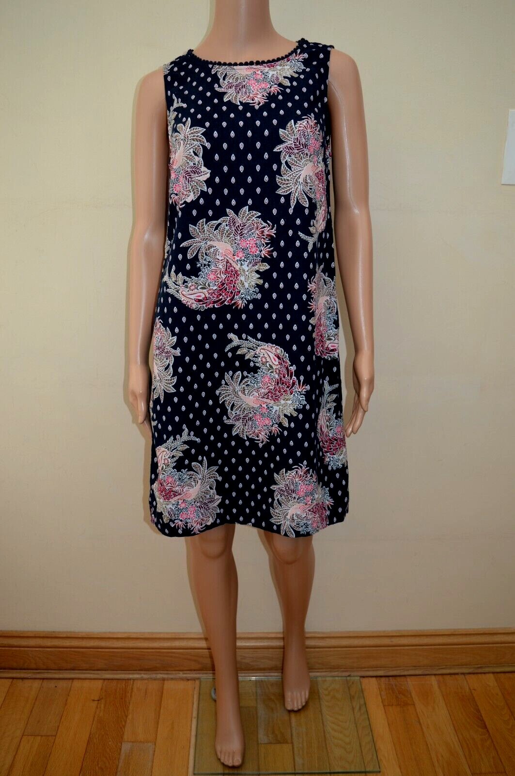 New M&S Collection Navy Blue Paisley Linen Blend Tunic Dress Sz UK 10
