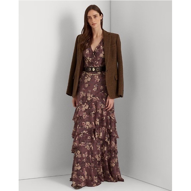 Ralph Lauren Maxi Dress Georgette Chiffon Floral Layered Ruffles Cottagecore 8