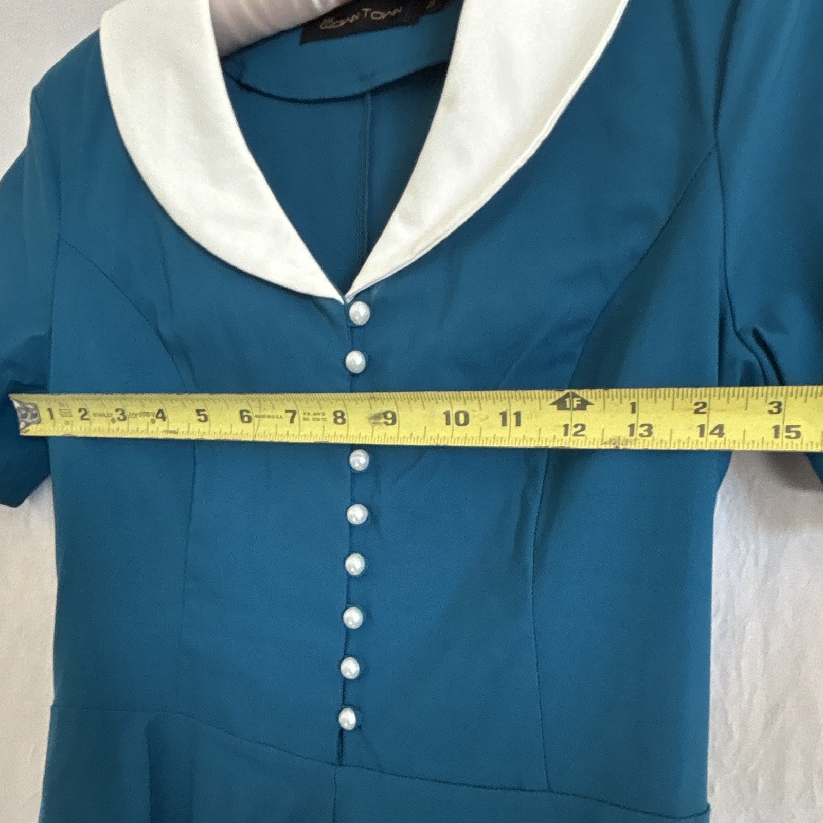 Gown Town Blue & White V-Neck Fit & Flare Button Front Knit Dress Size M