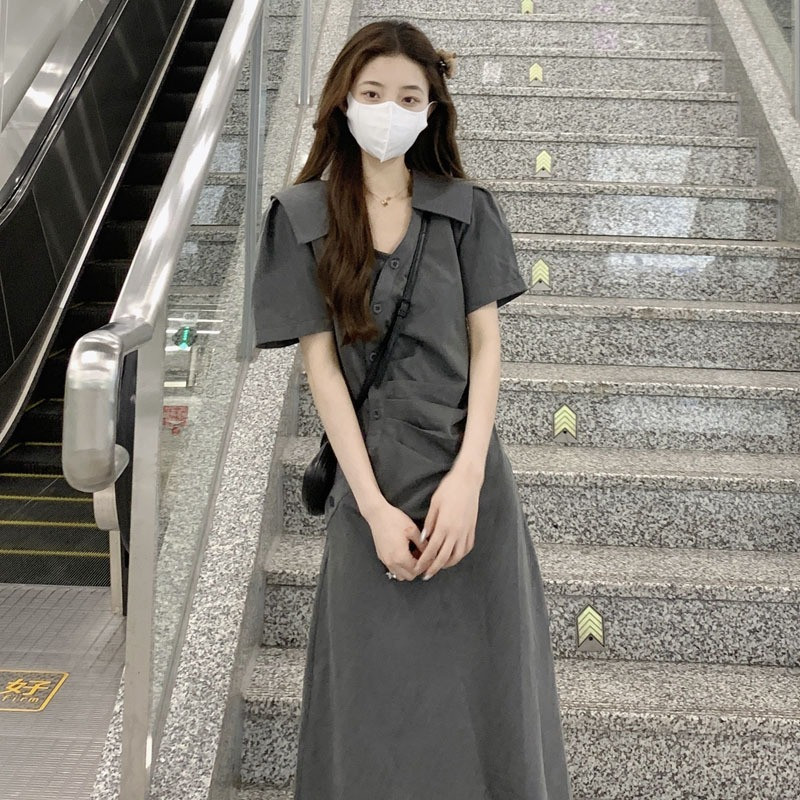 Womens Short Sleeve Dress Ruffle Buttons A-Line Midi Gray Casual Preppy Daily