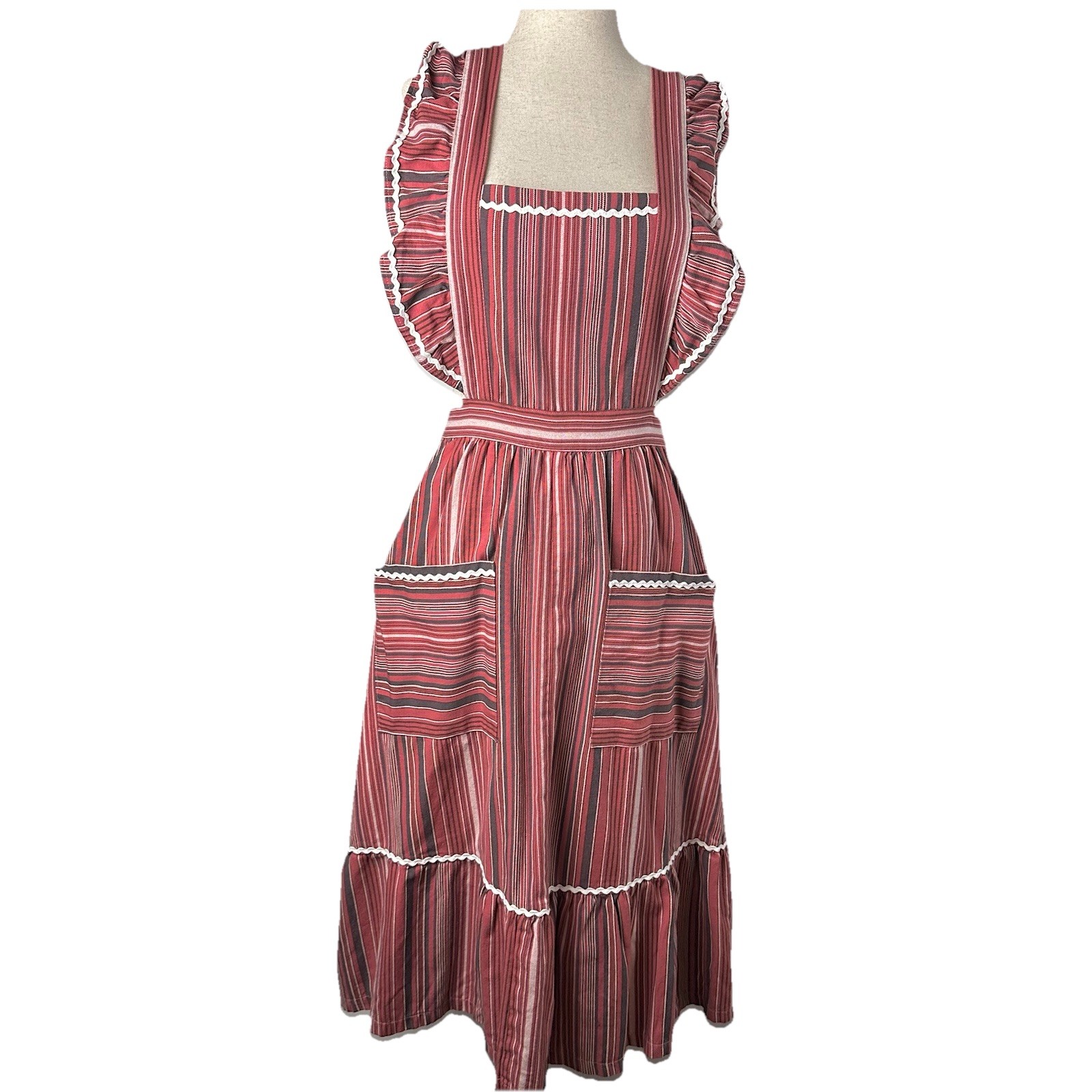 Vtg Pinafore Jumper Apron Dress Red Stripe Ruffle Prairie Cottage Boho 50s 60s S