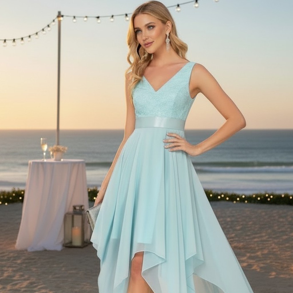 Ever Pretty Aqua Blue V-Neck Lace Bodice Flowy Chiffon Hi-Low Party Dress US 8