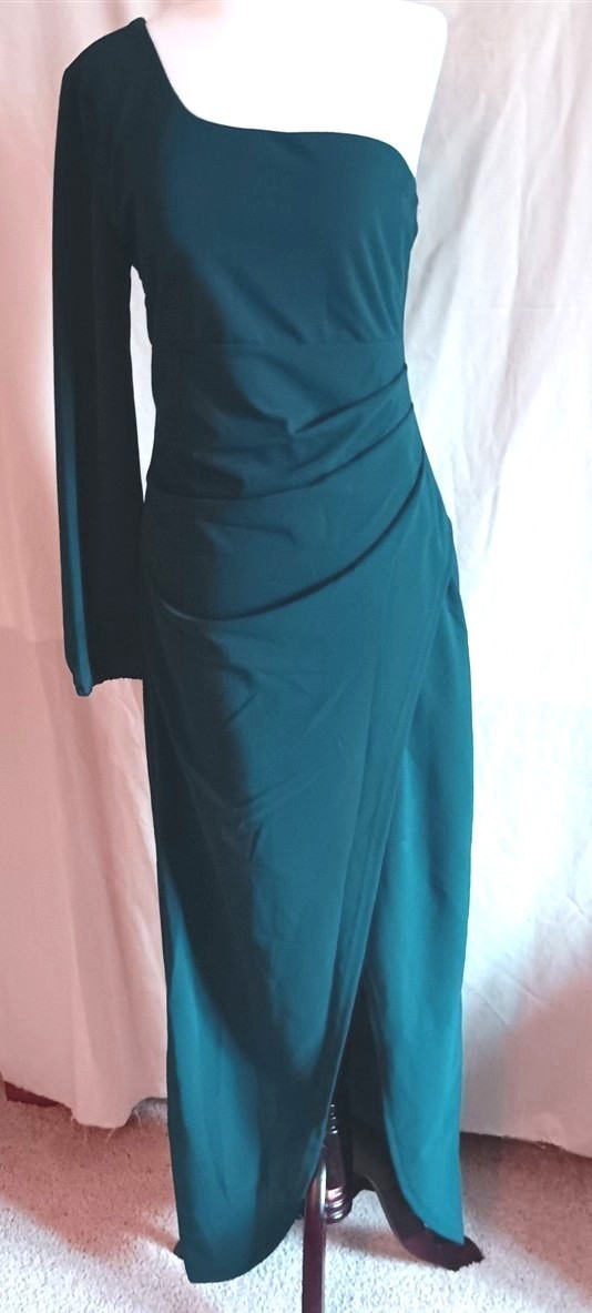 Zesica Cocktail Dress Gown One Shoulder M Teal Blue Ruched High Split Long New