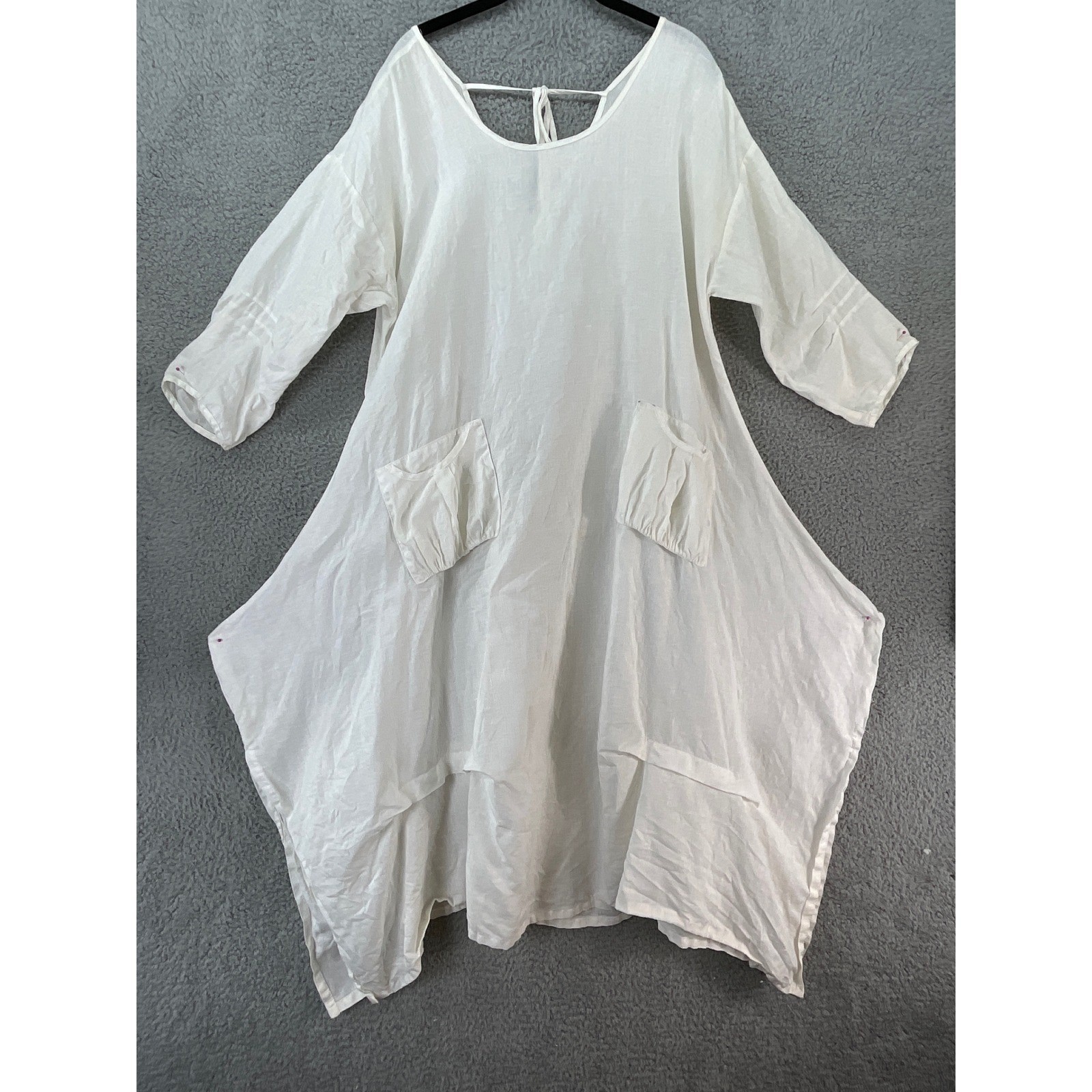 IC Linen Handkerchief Hem Tunic Dress Womens L White Good Lagenlook Pockets Boho