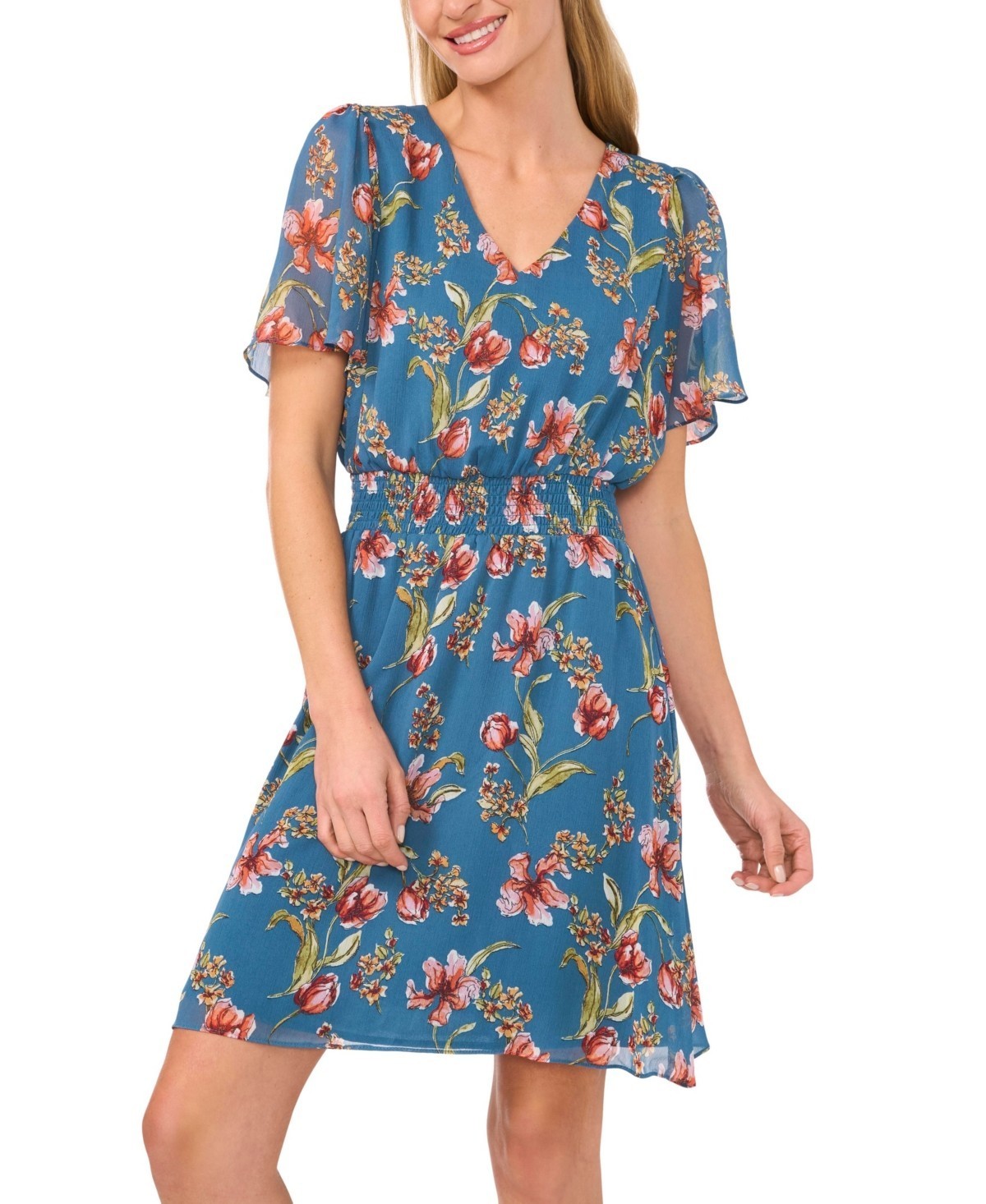 CeCe Floral V-Neck Short Flutter-Sleeve Dress Women’s M Mallard Blue Back Zip