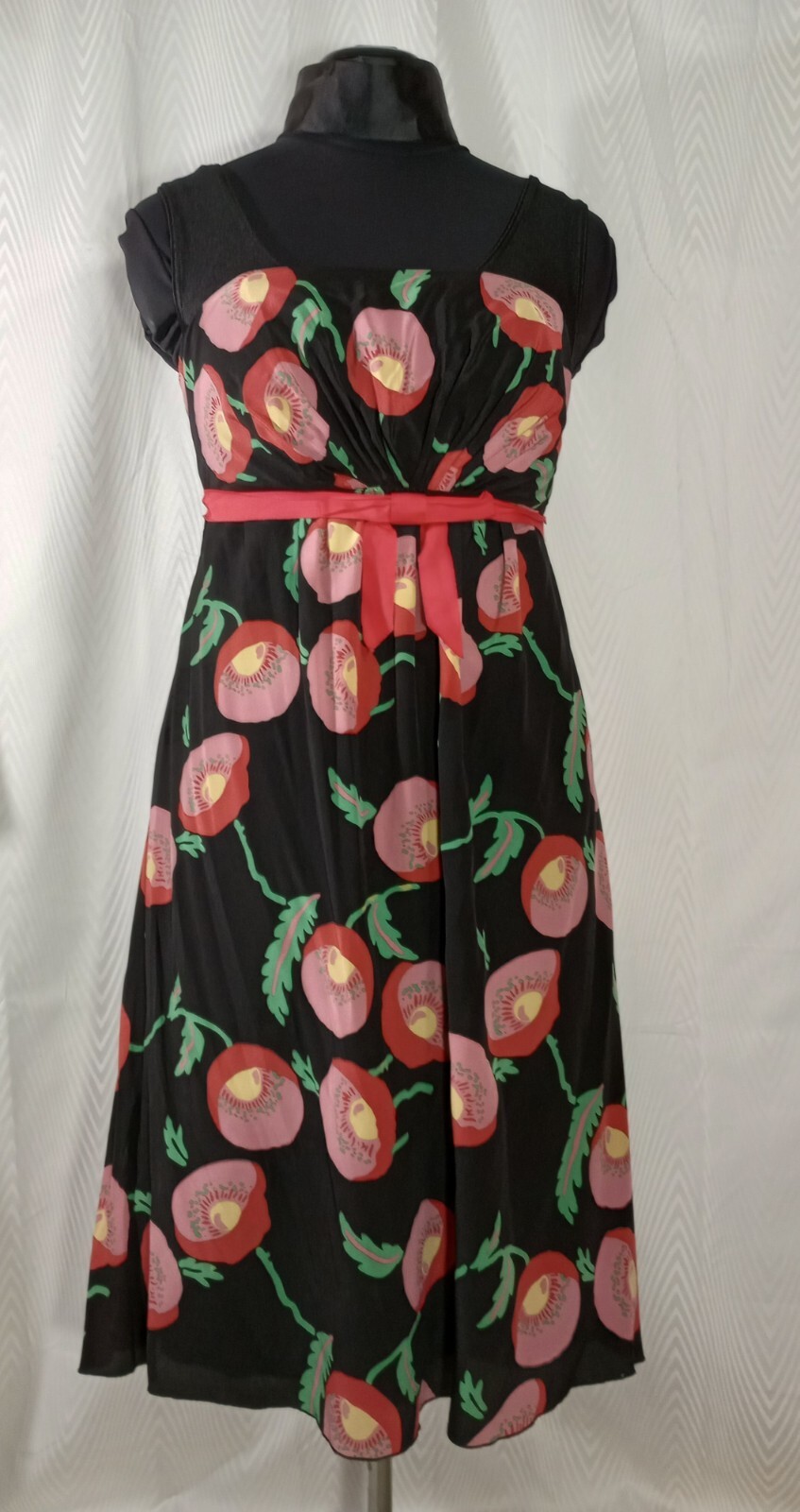 Anna Sui Anthropologie Sz 8 Silk Dress Strapless Black Pink Poppy Floral Lined