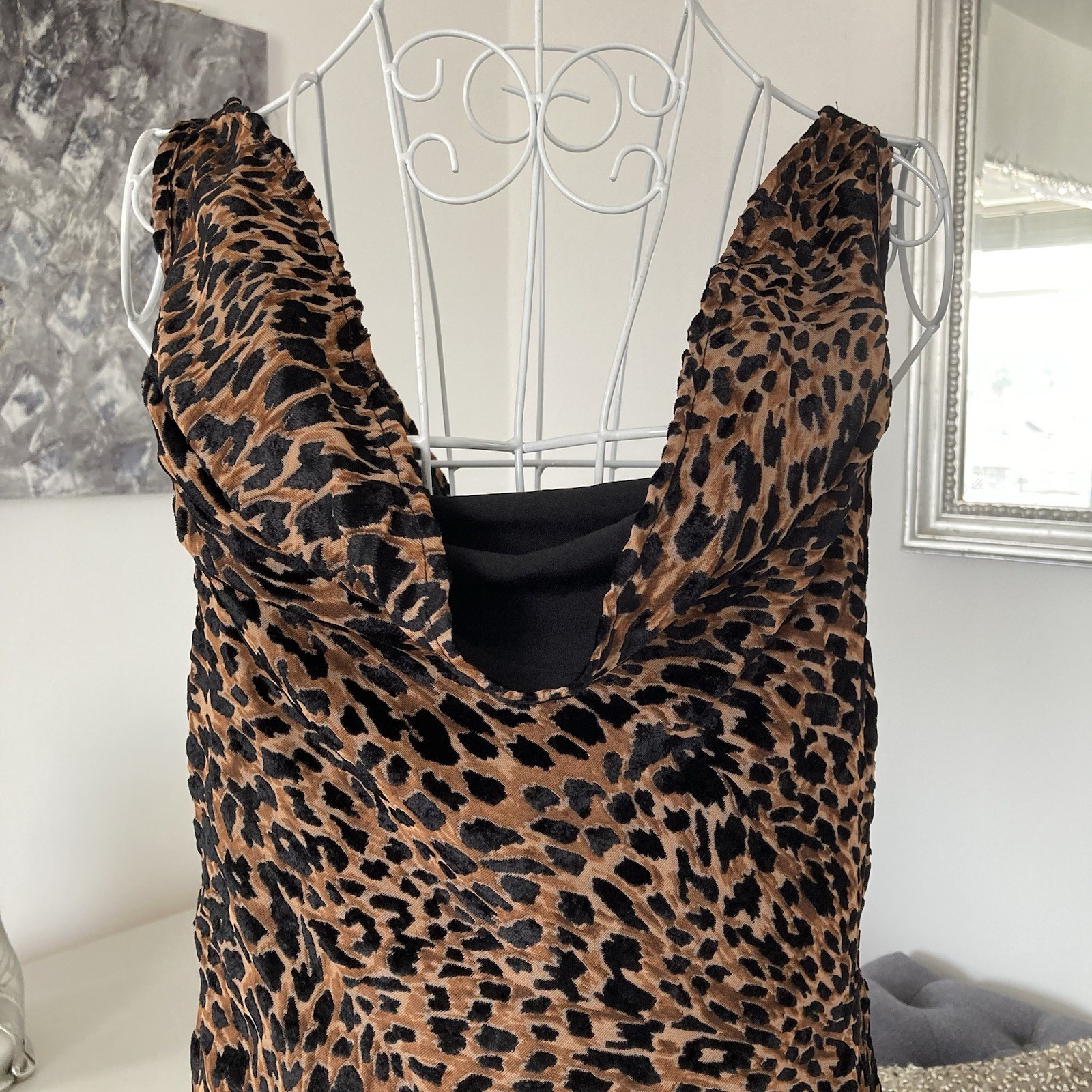 Leopard Print Devore Cowl Neck Sleeveless Thigh High Split Flared Maxi Dress 10