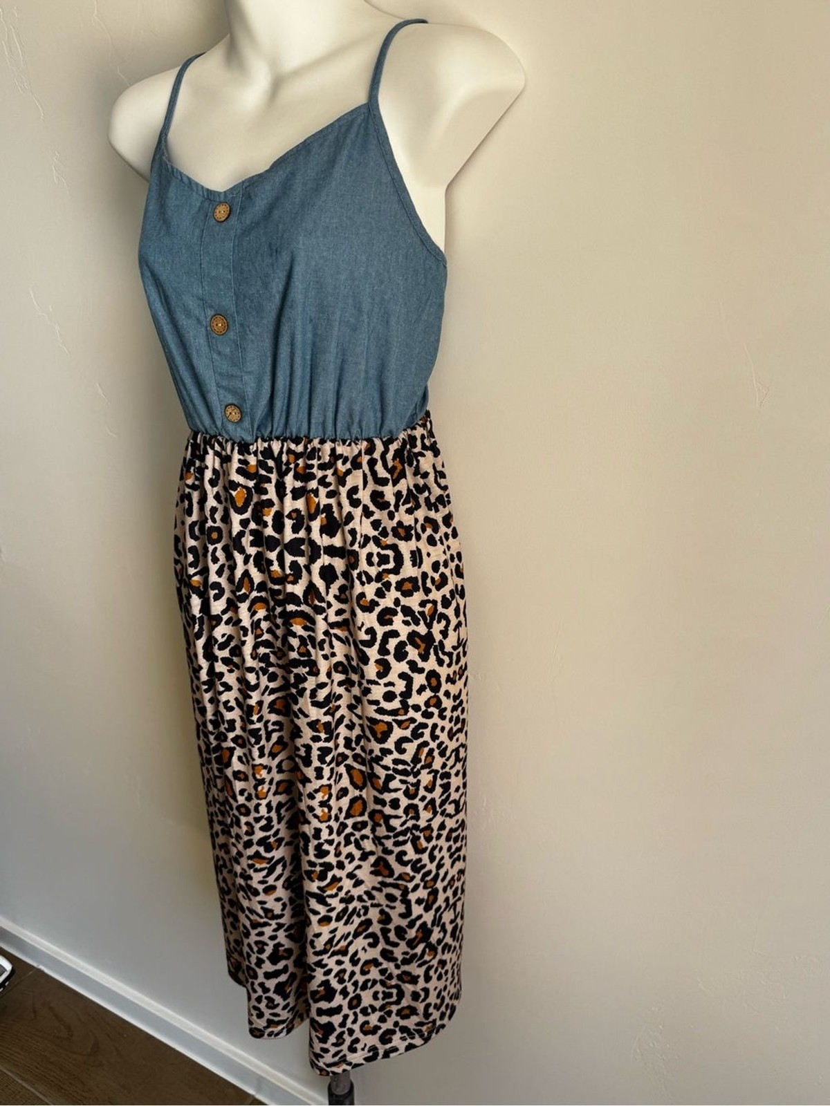 Blue Chambray & Leopard Print Midi Dress