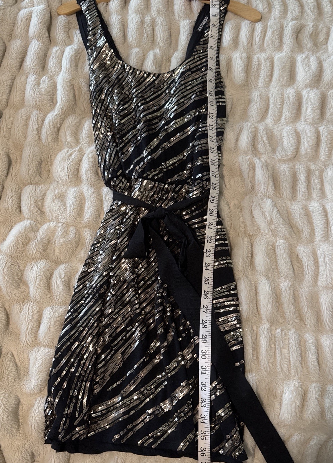 Express Black Gold Sequin Midi Dress Deep V Open Back Satin Belt Size Small