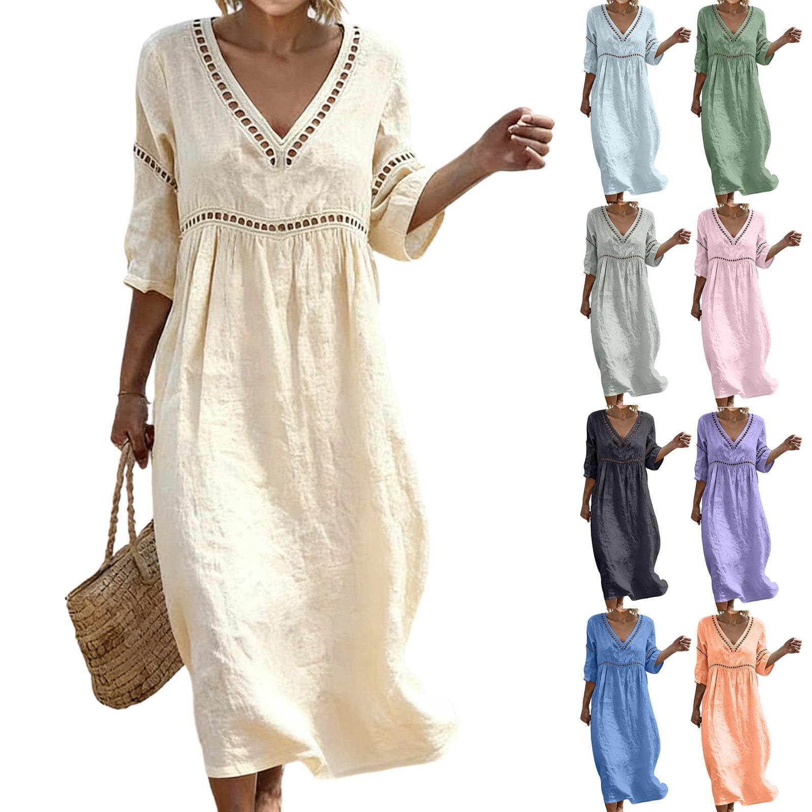 Linen Maxi Dress for Women, V-Neck Loose Boho Summer Beach