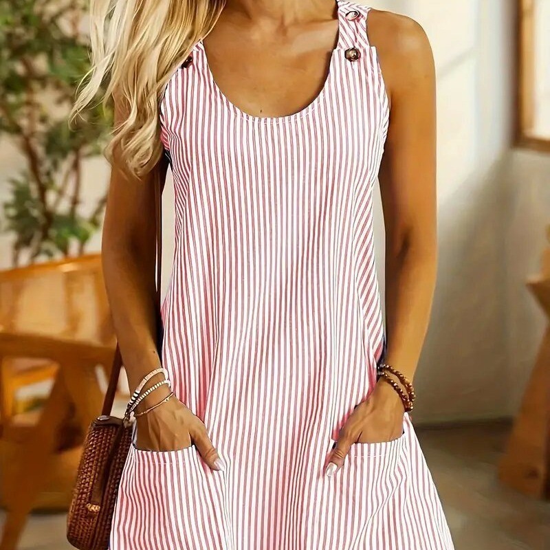 Summer Fashion Striped Patchwork Commuting U-Neck Sleeveless Pockets Back Button