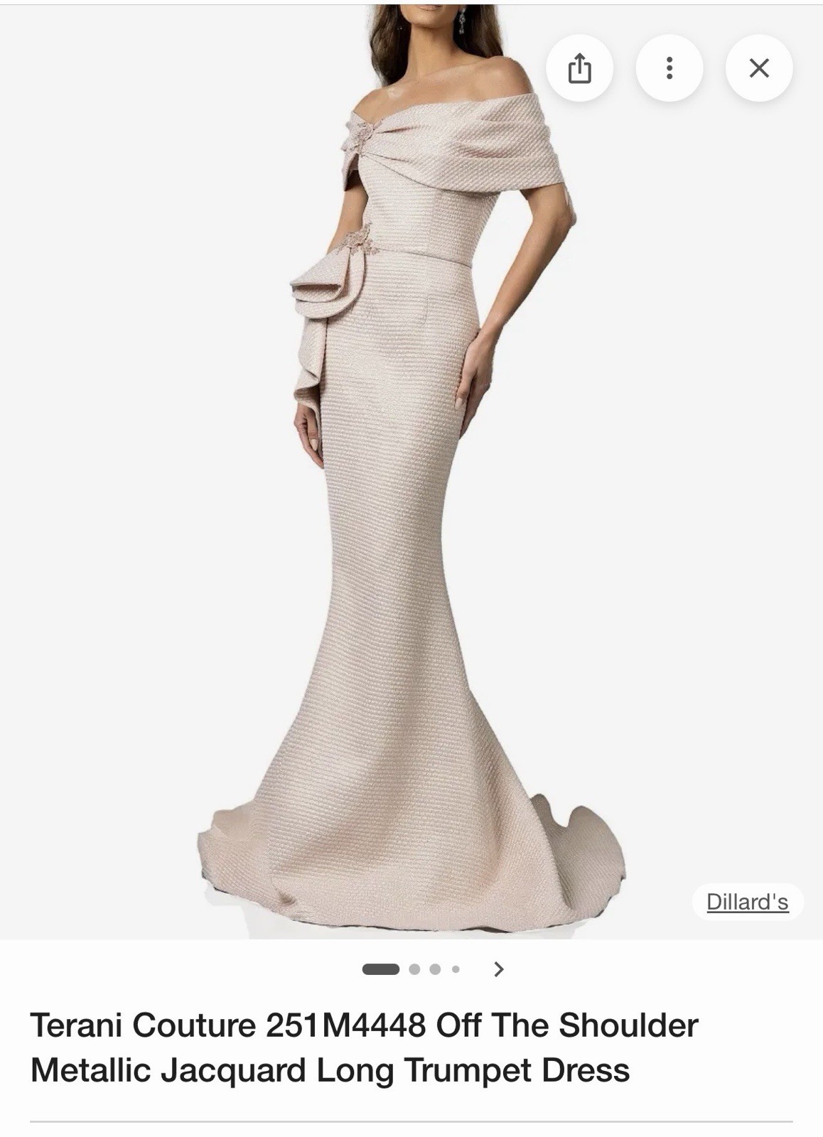 Terani Couture Off-Shoulder Rose Gold Metallic Jacquard Trumpet Long Dress