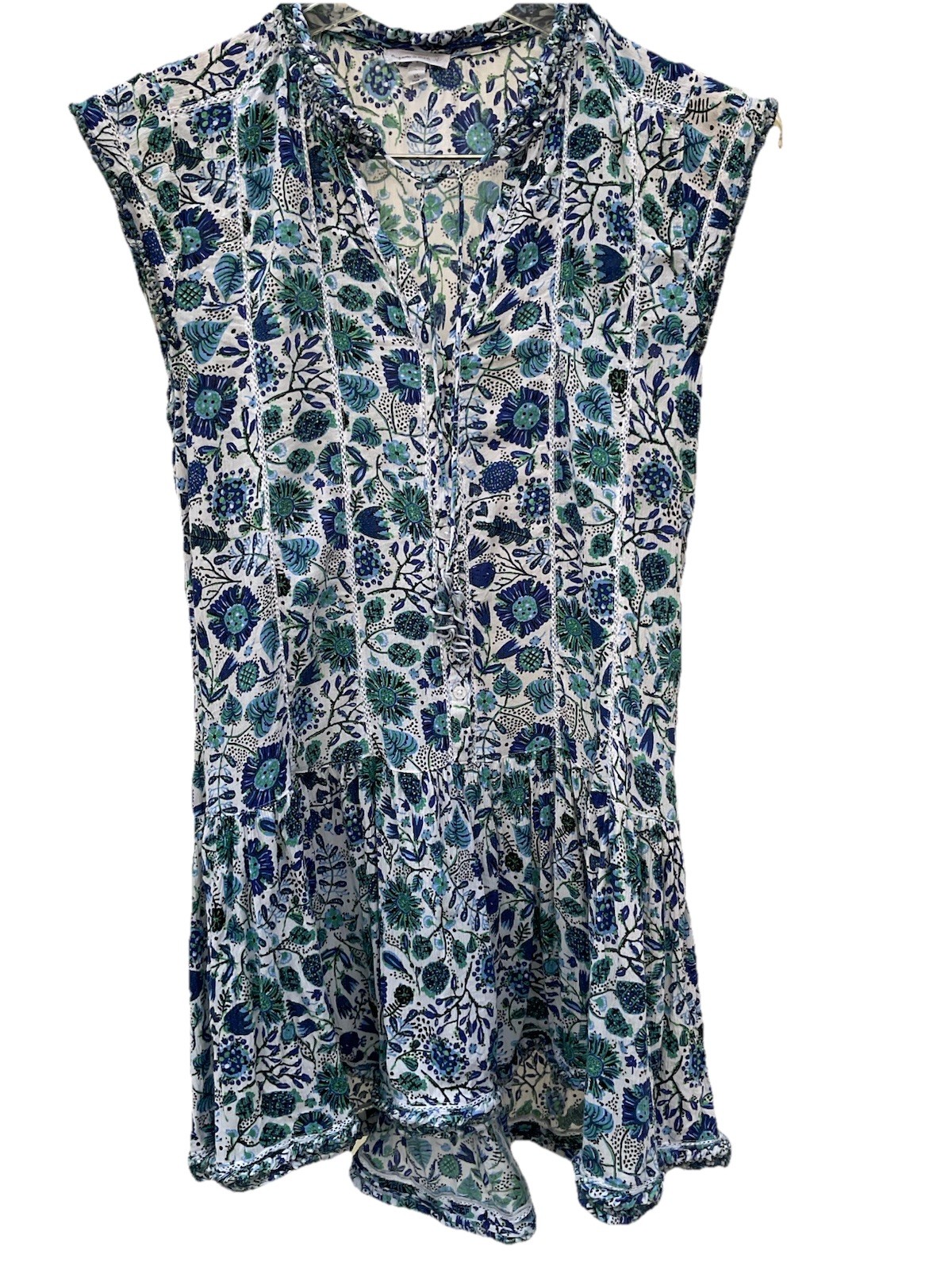 Poupette St. Barth Fringe High Low Button Tie Mini Dress Blue XS Coastal Beach