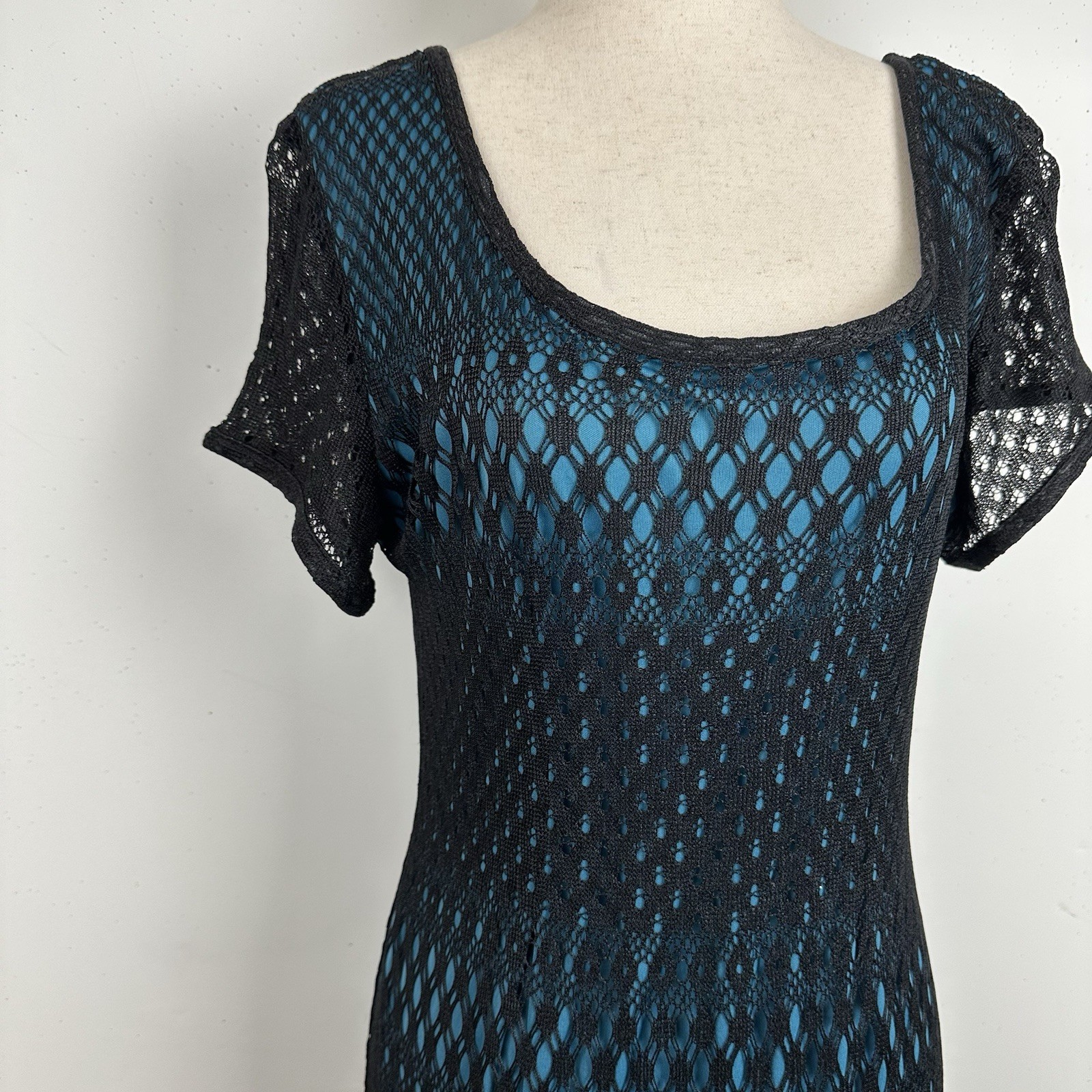 Vtg Maxi Dress Black Crochet Blue Lined 90s Y2K Whimsigoth Fairy Grunge Boho L