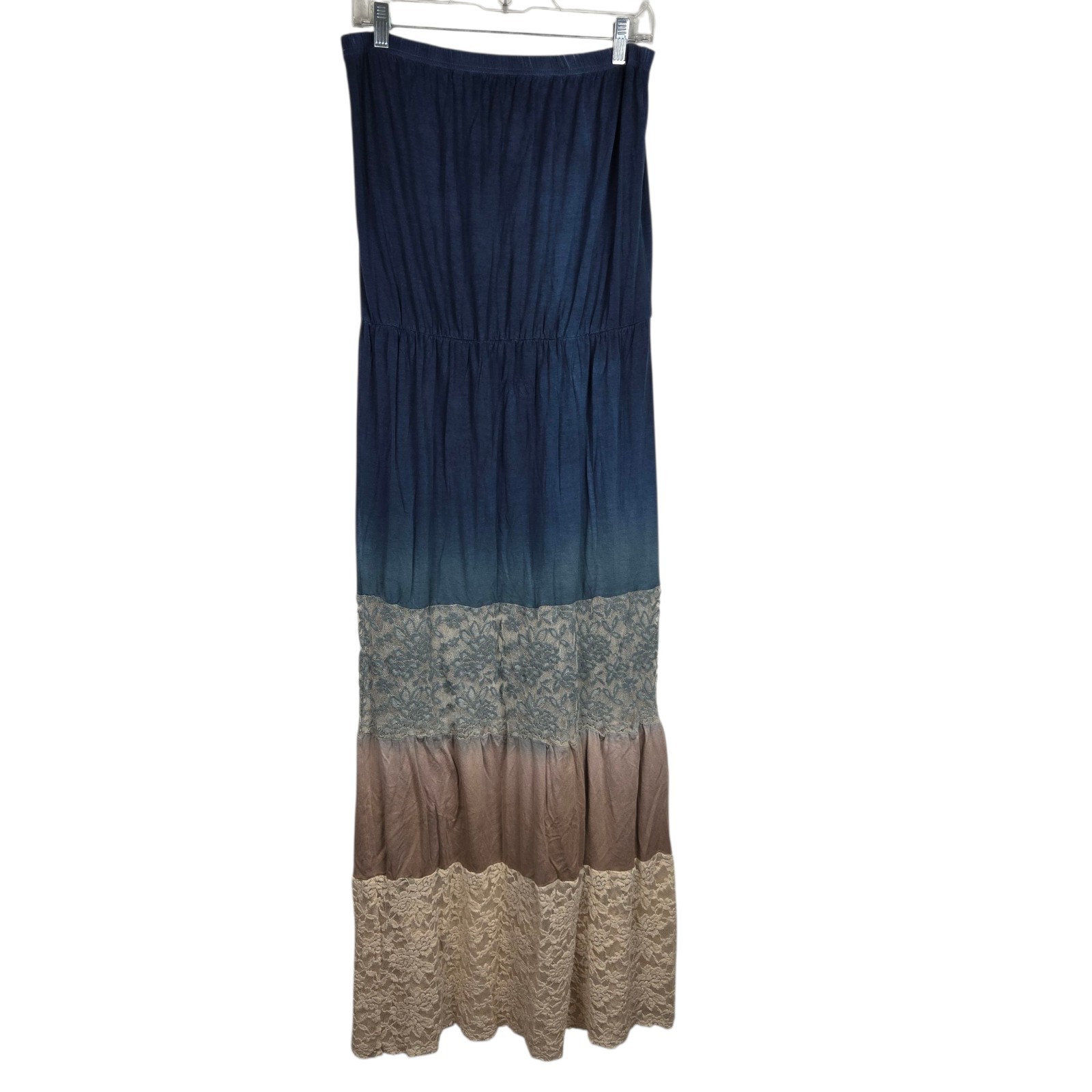 Umgee Lace Tiered Tube Maxi Dress Sz L Ombre Blue Tan Boho Western Cottagecore