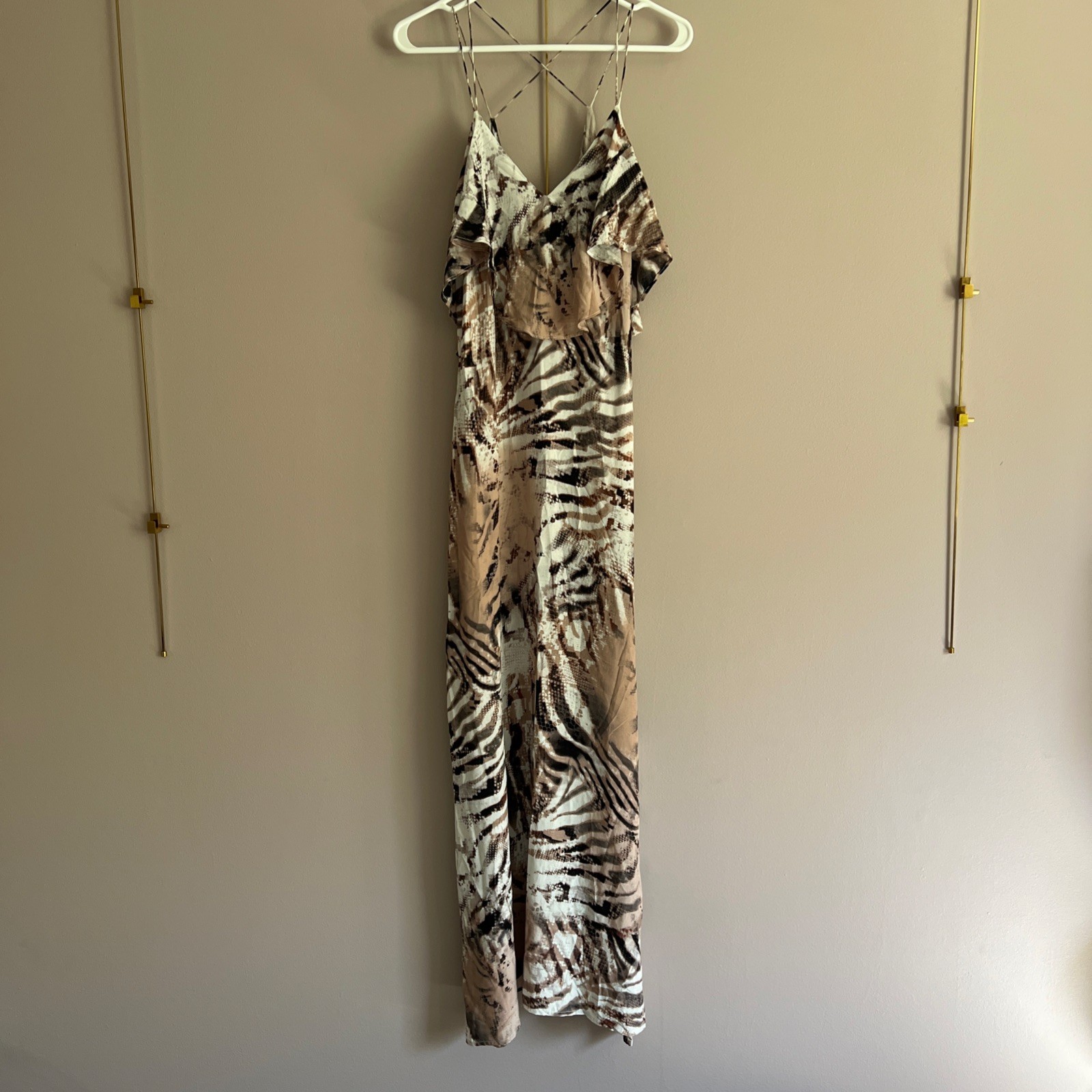 Lani Tiger Print Maxi Slip Dress Womens Medium Beige Brown Ruffled Strappy Beach