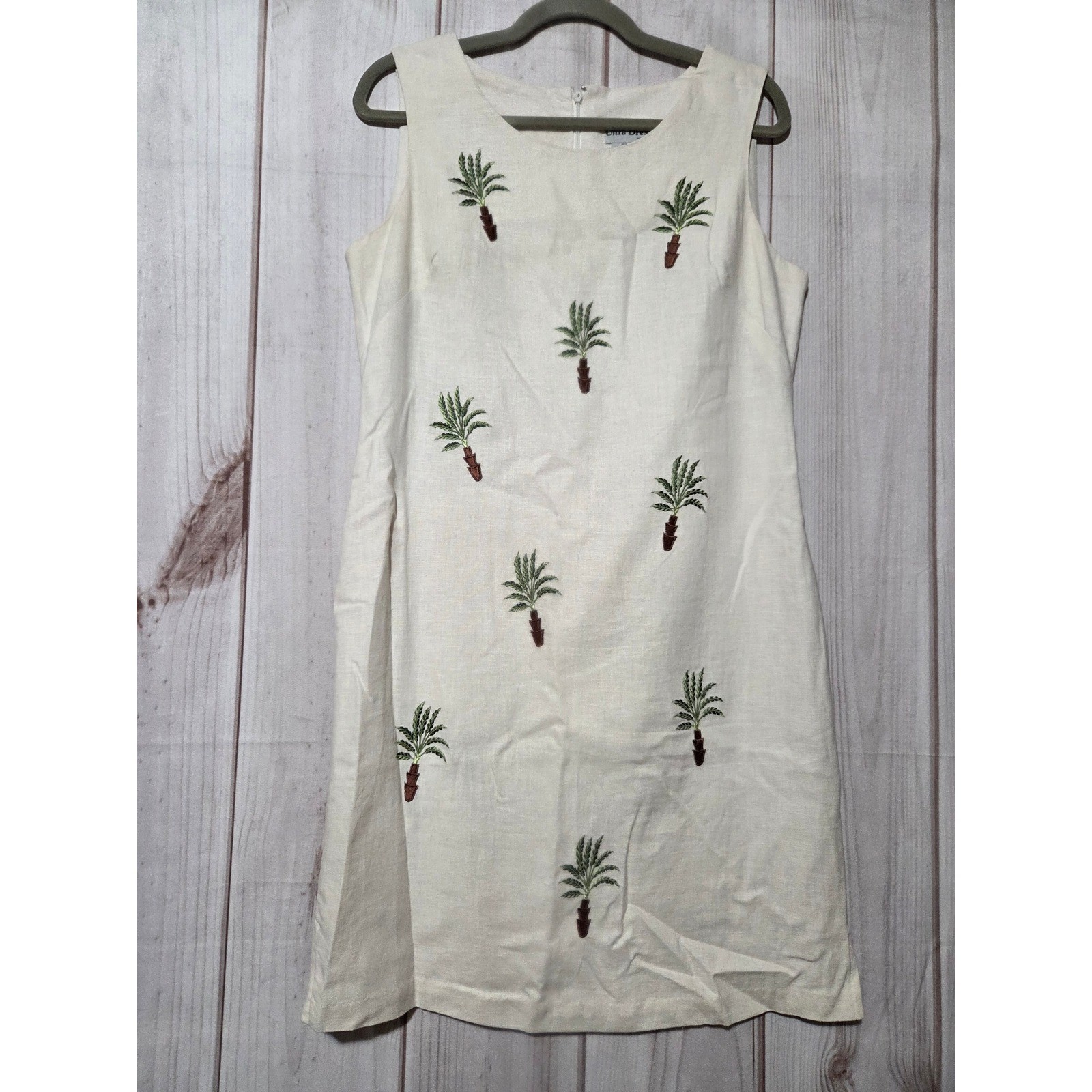 Ultra Dress New York Palm Tree Embroidered Linen Blend Shift Dress Ivory Size 10